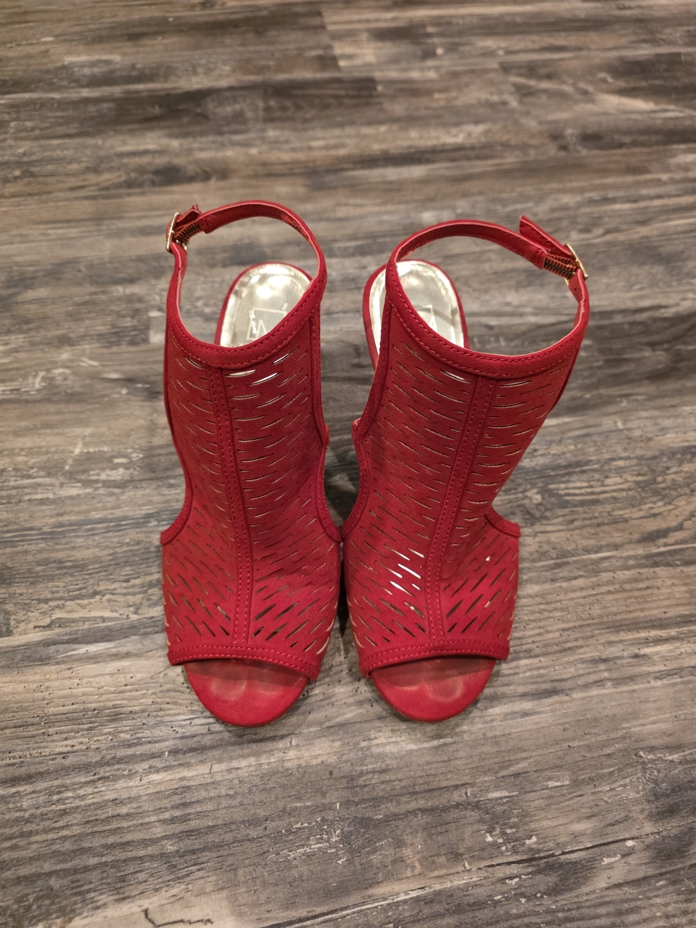 Material Girl Red Laser-Cut Peep Toe Ankle Strap Heels